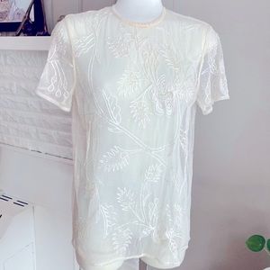 Cream/Nude Vintage Botanical Embroidered Beaded Sheer Overlay Top